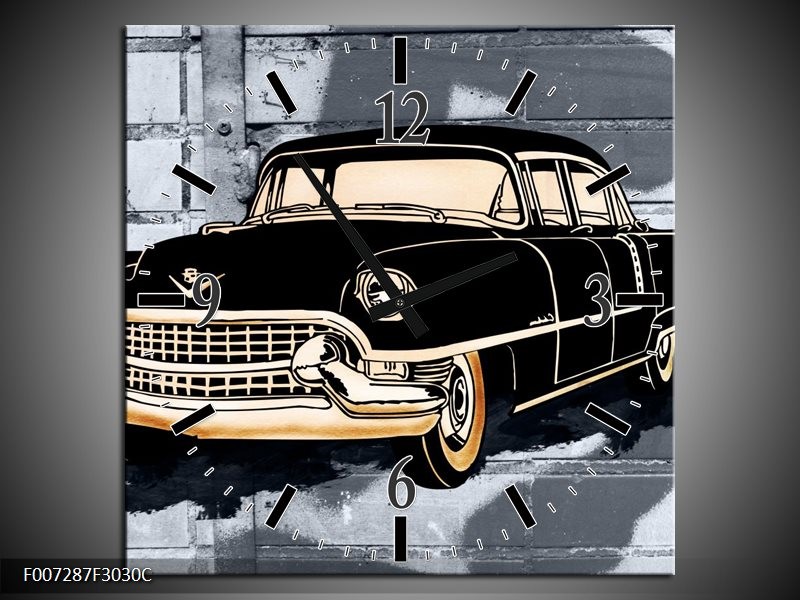 Wandklok Schilderij Oldtimer, Auto | Grijs, Zwart, Geel