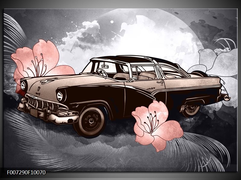 Canvas Schilderij Oldtimer, Auto | Grijs, Bruin, Roze