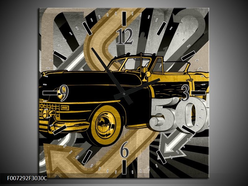 Wandklok Schilderij Oldtimer, Auto | Grijs, Geel