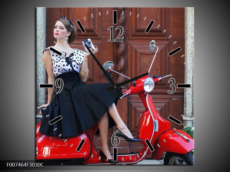 Wandklok Schilderij Vrouw, Scooter | Rood, Zwart, Bruin