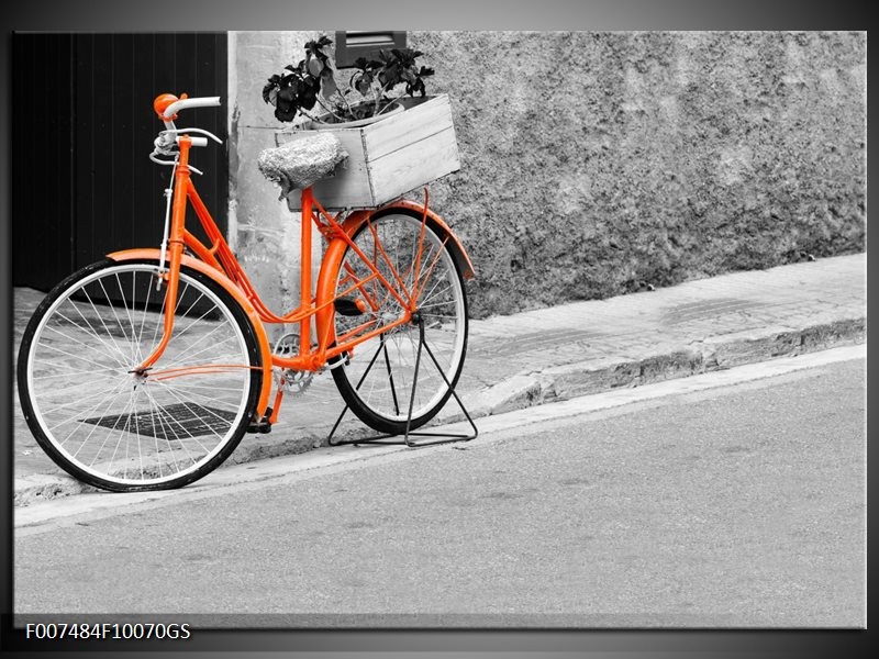 Glas Schilderij Fiets | Oranje, Zwart, Wit