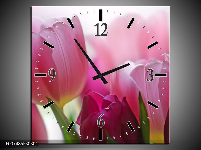 Wandklok Schilderij Tulpen, Bloemen | Roze, Paars