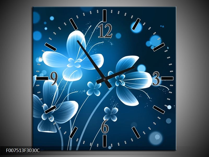 Wandklok Schilderij Bloemen, Modern | Blauw, Wit