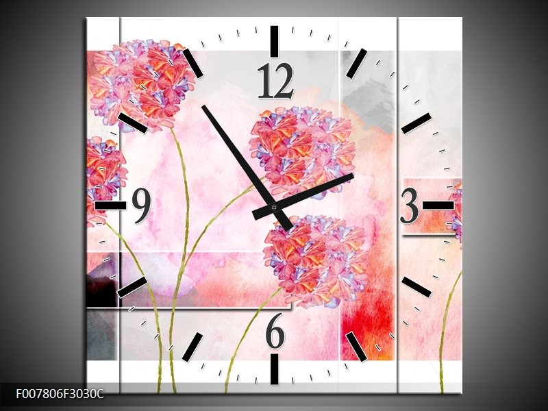 Wandklok Schilderij Modern, Bloemen | Grijs, Roze