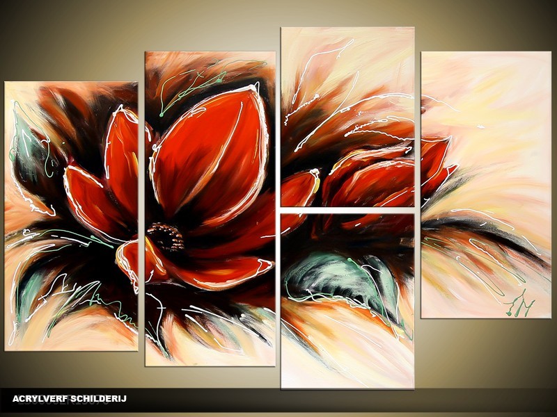 Acryl Schilderij Magnolia | Rood, Crème, Groen | 120x80cm 5Luik Handgeschilderd