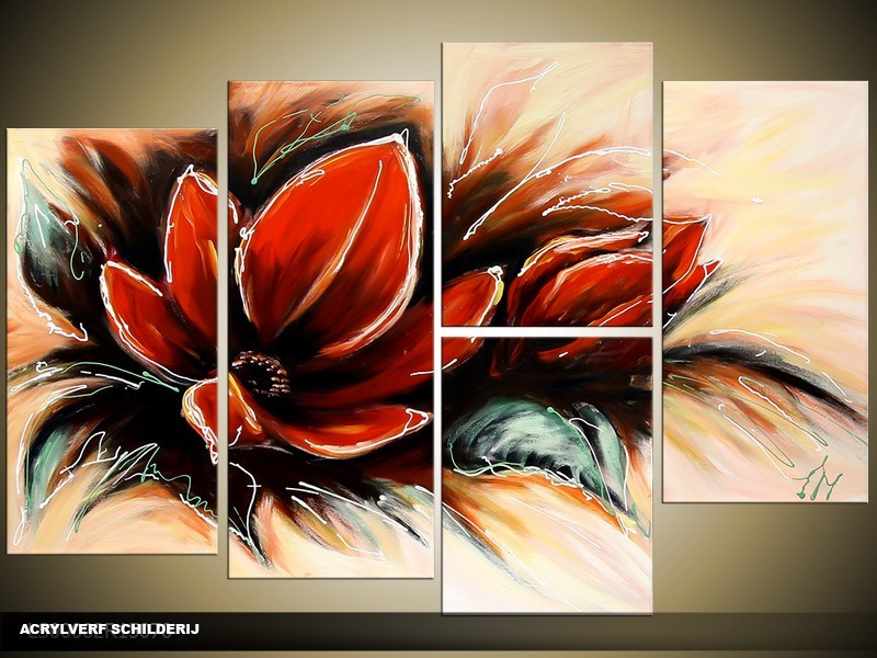 OP VOORRAAD Acrylverf schilderij Magnolia | Kleur: Rood , Creme , Groen | LS00002