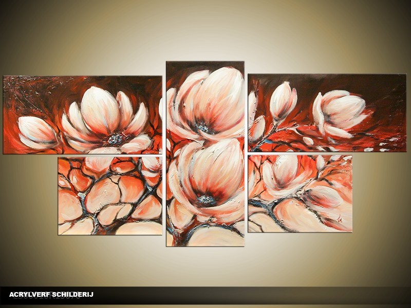 Acryl Schilderij Magnolia | Rood, Crème | 150x70cm 5Luik Handgeschilderd