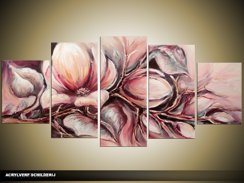 Acryl Schilderij Magnolia | Paars, Grijs | 150x70cm 5Luik Handgeschilderd