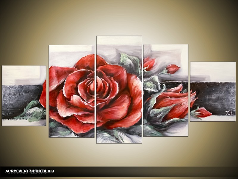 Acryl Schilderij Roos | Rood, Grijs | 150x70cm 5Luik Handgeschilderd