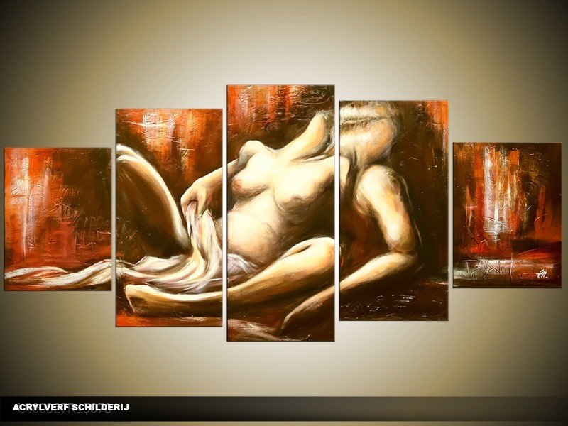 Acryl Schilderij Slaapkamer | Bruin, Rood, Crème | 150x70cm 5Luik Handgeschilderd