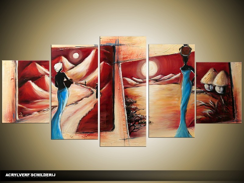 Acryl Schilderij Afrika | Crème, Blauw, Rood | 150x70cm 5Luik Handgeschilderd