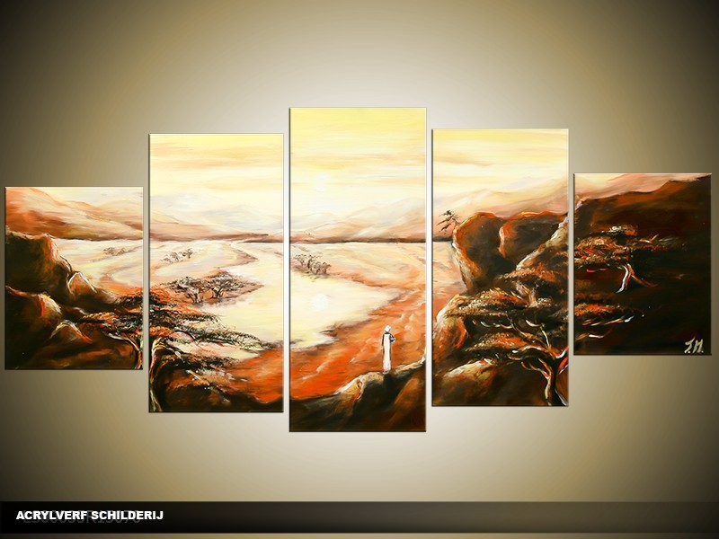 Acryl Schilderij Natuur | Crème, Bruin | 150x70cm 5Luik Handgeschilderd
