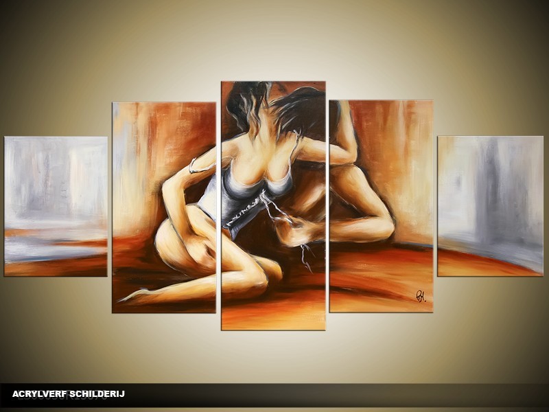 Acryl Schilderij Slaapkamer | Grijs, Bruin, Crème | 150x70cm 5Luik Handgeschilderd