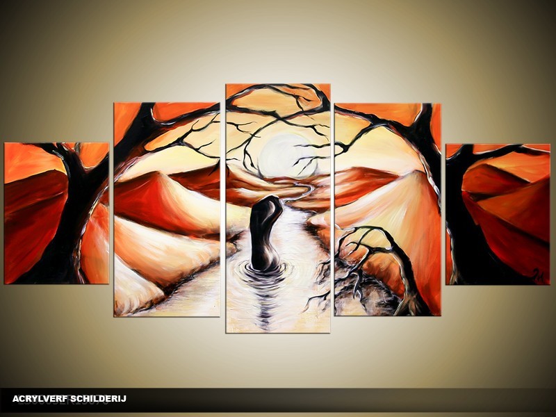 Acryl Schilderij Natuur | Rood, Crème | 150x70cm 5Luik Handgeschilderd