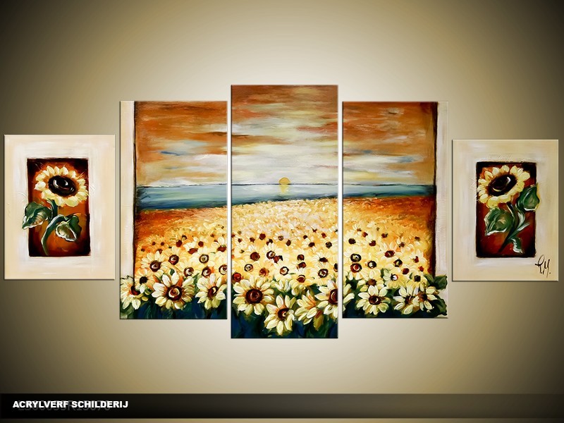 Acryl Schilderij Zonnebloem | Geel, Crème | 150x70cm 5Luik Handgeschilderd
