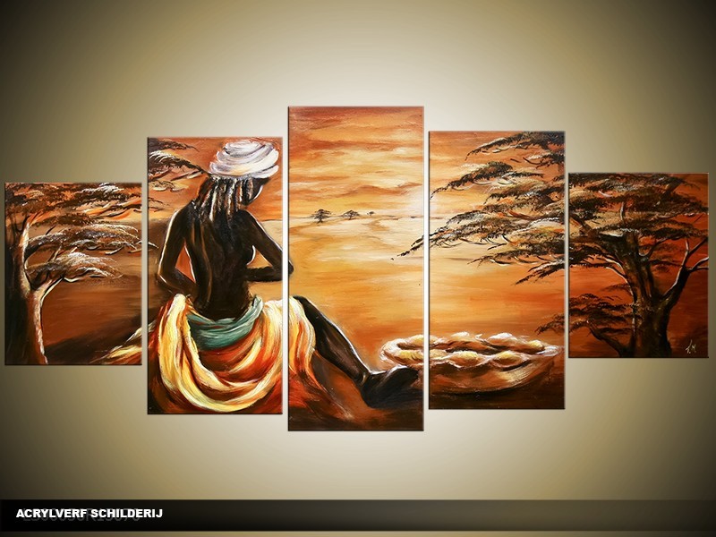 Acryl Schilderij Afrika | Bruin | 150x70cm 5Luik Handgeschilderd