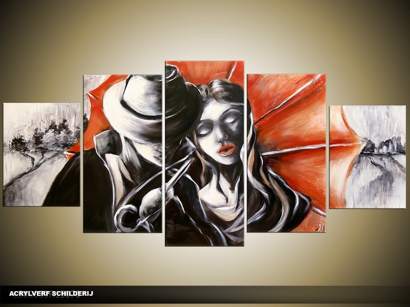 Acryl Schilderij Modern | Grijs, Rood, Zwart | 150x70cm 5Luik Handgeschilderd