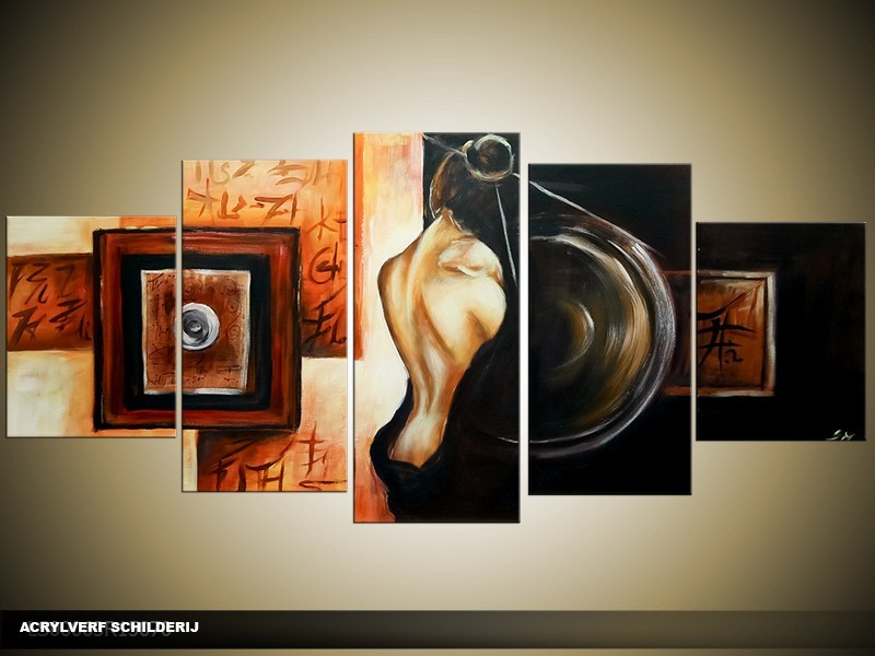 Acryl Schilderij Modern | Zwart, Bruin, Crème | 150x70cm 5Luik Handgeschilderd