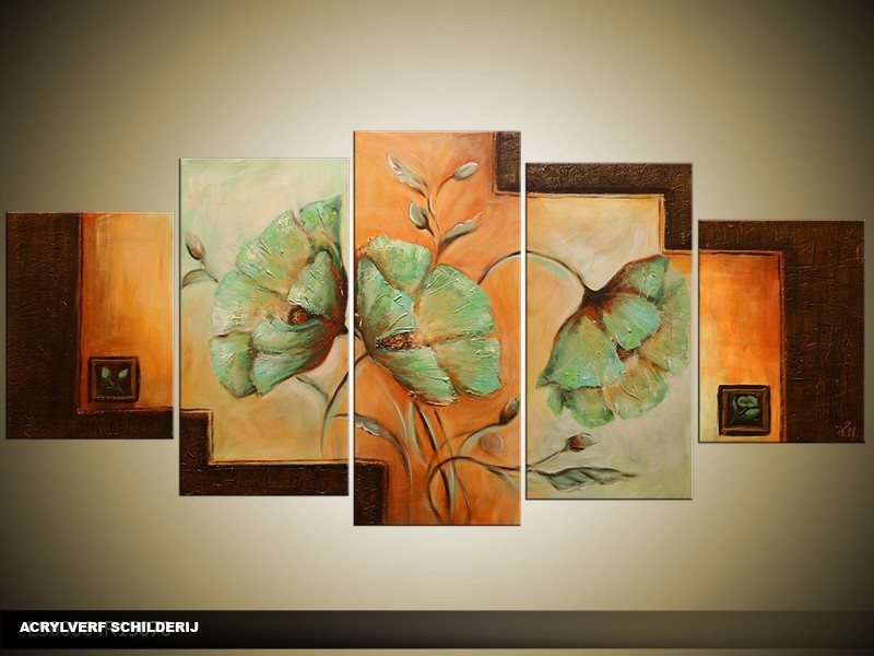Acryl Schilderij Modern | Bruin, Groen, Oranje | 150x70cm 5Luik Handgeschilderd