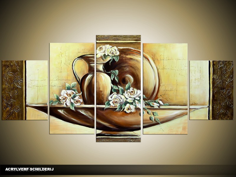 Acryl Schilderij Klassiek | Geel, Crème, Bruin | 150x70cm 5Luik Handgeschilderd