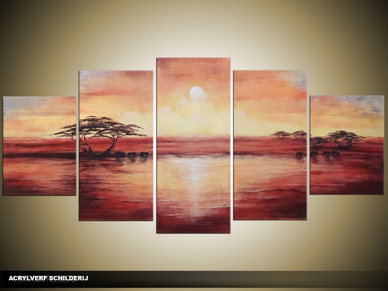 Acryl Schilderij Zonsondergang | Crème, Rood | 150x70cm 5Luik Handgeschilderd