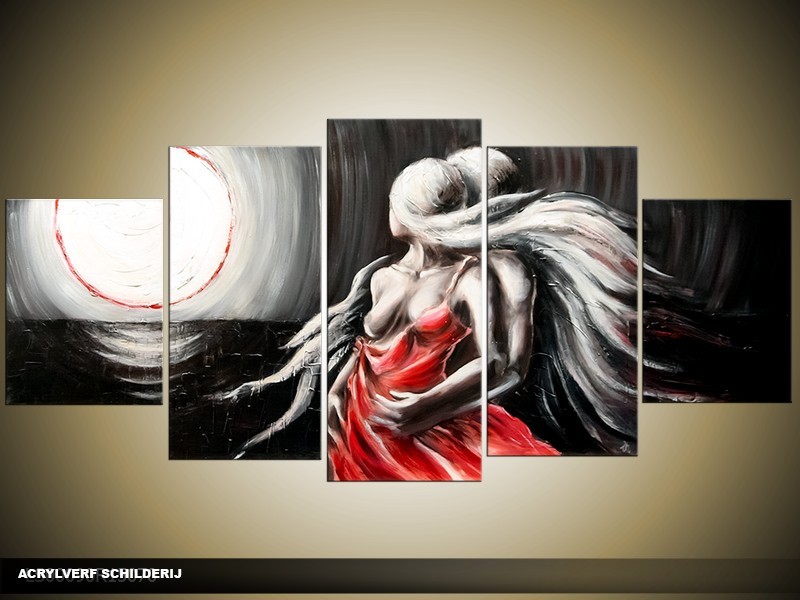 Acryl Schilderij Modern | Zwart, Rood, Grijs | 150x70cm 5Luik Handgeschilderd