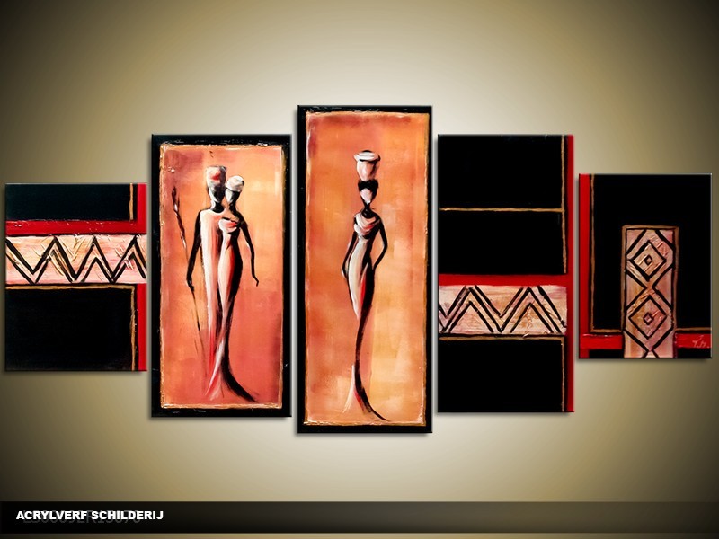 Acryl Schilderij Afrika | Bruin, Zwart, Oranje | 150x70cm 5Luik Handgeschilderd