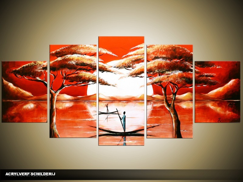 Acryl Schilderij Natuur | Rood, Wit | 150x70cm 5Luik Handgeschilderd