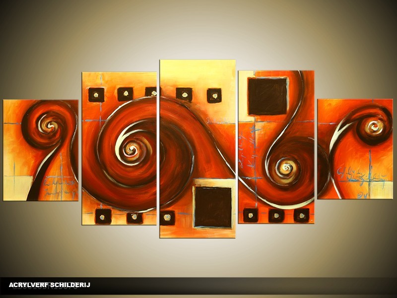 Acryl Schilderij Modern | Rood, Crème, Oranje | 150x70cm 5Luik Handgeschilderd