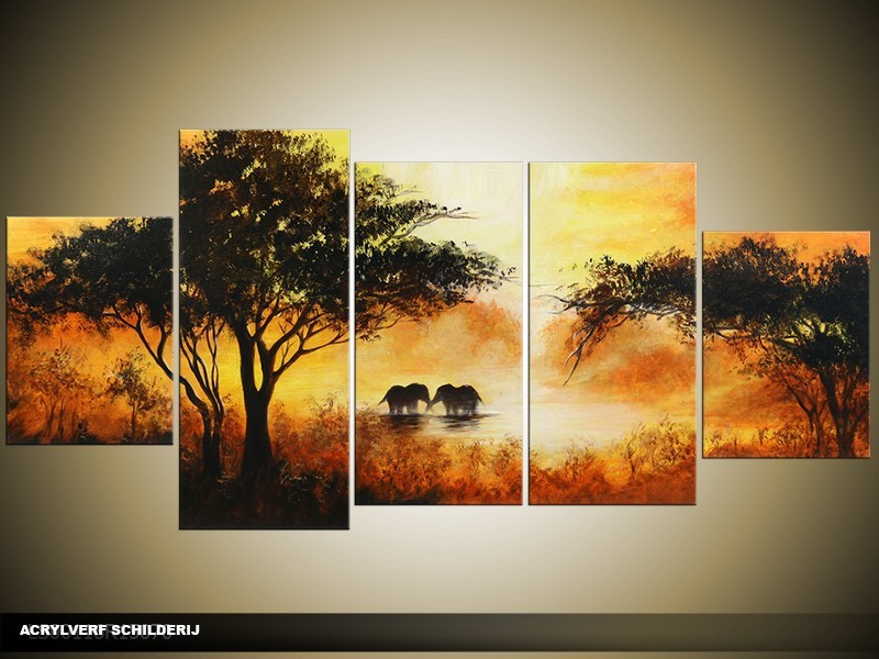 Acryl Schilderij Natuur | Crème, Bruin, Zwart | 150x70cm 5Luik Handgeschilderd