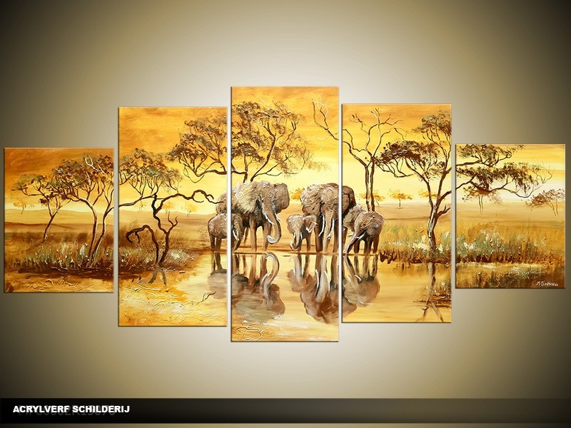 Acryl Schilderij Afrika | Geel, Bruin | 150x70cm 5Luik Handgeschilderd