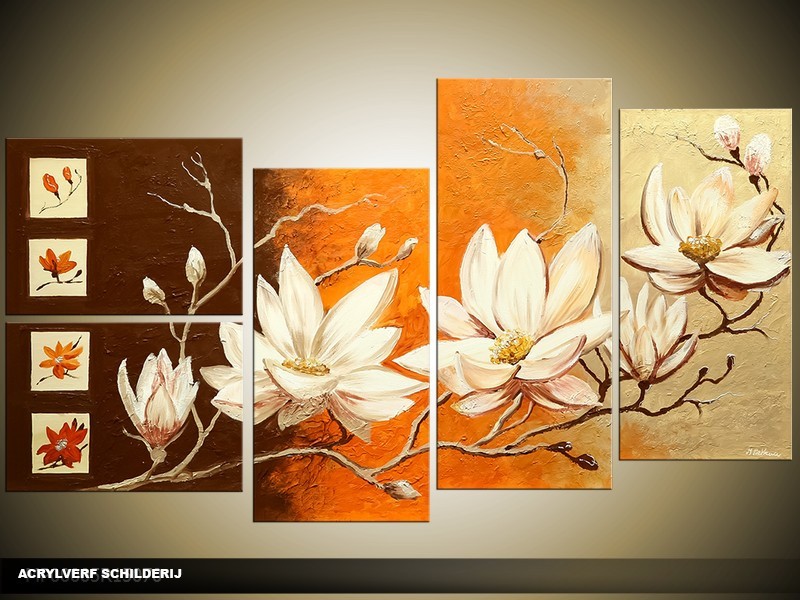 Acryl Schilderij Magnolia | Oranje, Bruin, Crème | 130x70cm 5Luik Handgeschilderd