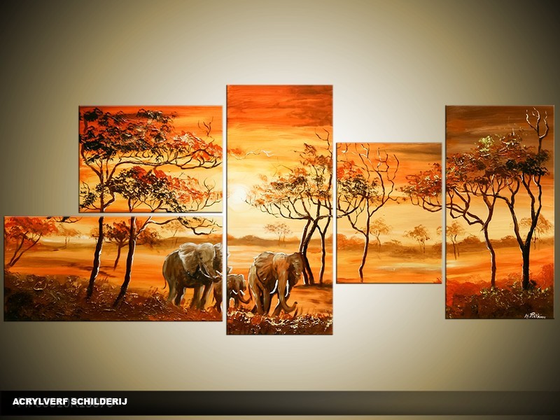 Acryl Schilderij Olifant | Oranje, Bruin | 150x70cm 5Luik Handgeschilderd