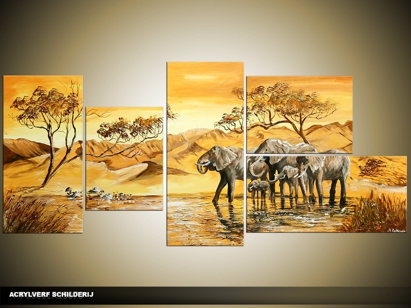 Acryl Schilderij Olifant | Geel, Bruin | 150x70cm 5Luik Handgeschilderd