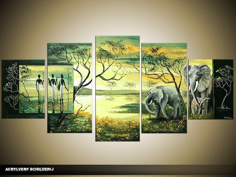 Acryl Schilderij Afrika | Groen, Geel | 150x70cm 5Luik Handgeschilderd