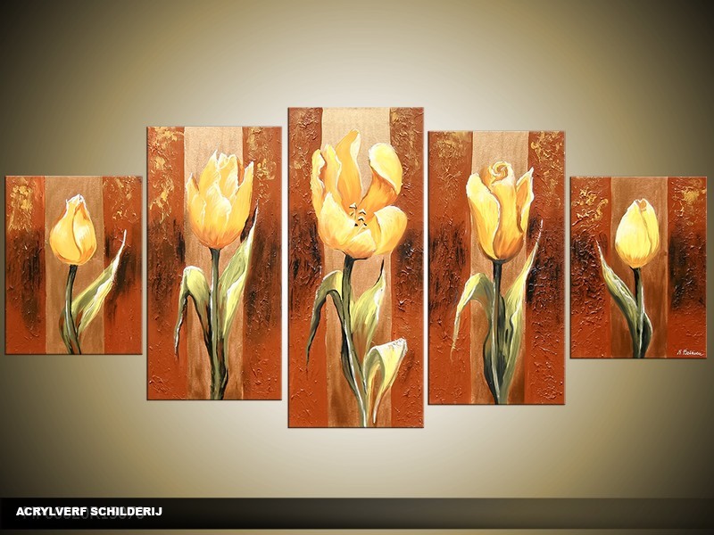 Acryl Schilderij Tulp | Bruin, Geel | 150x70cm 5Luik Handgeschilderd
