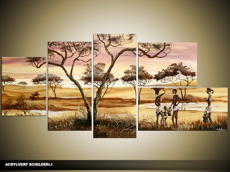 Acryl Schilderij Natuur | Crème, Geel, Bruin | 150x70cm 5Luik Handgeschilderd