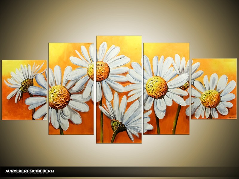 Acryl Schilderij Daisy | Geel, Wit | 150x70cm 5Luik Handgeschilderd