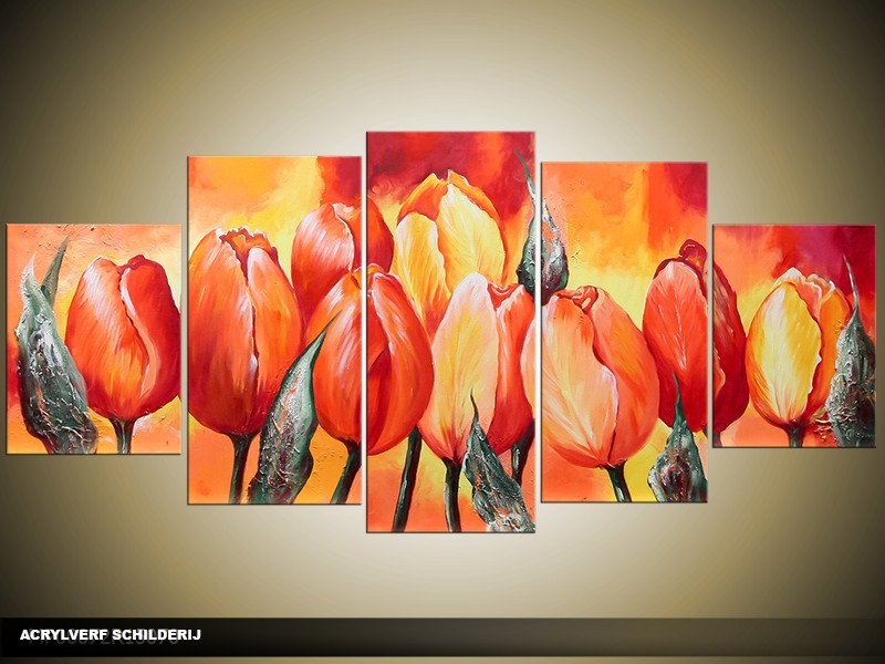 Acryl Schilderij Tulpen | Rood, Oranje, Geel | 150x70cm 5Luik Handgeschilderd