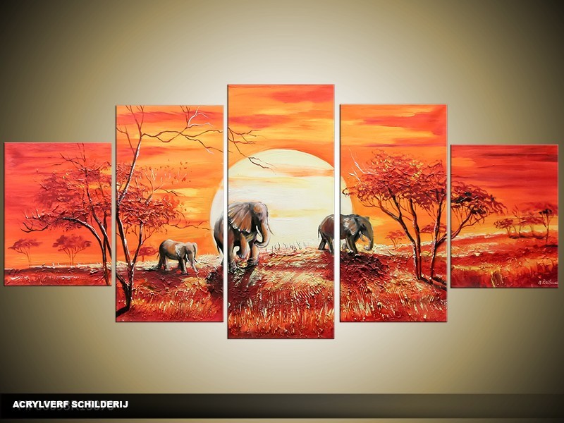 Acryl Schilderij Afrika | Oranje | 150x70cm 5Luik Handgeschilderd