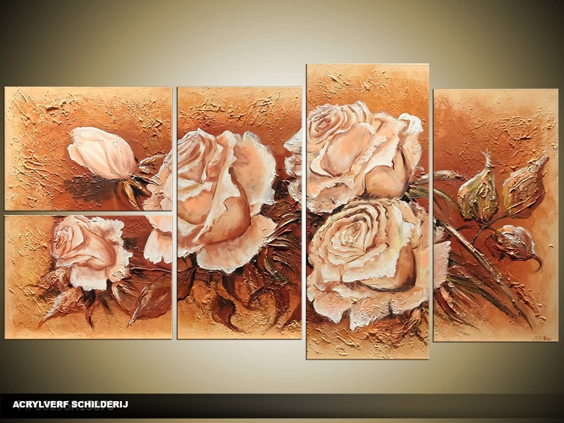 Acryl Schilderij Roos | Crème, Bruin | 130x70cm 5Luik Handgeschilderd
