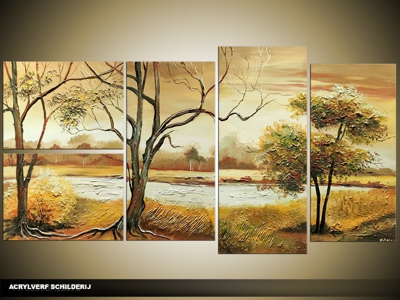 Acryl Schilderij Natuur | Bruin, Crème | 130x70cm 5Luik Handgeschilderd