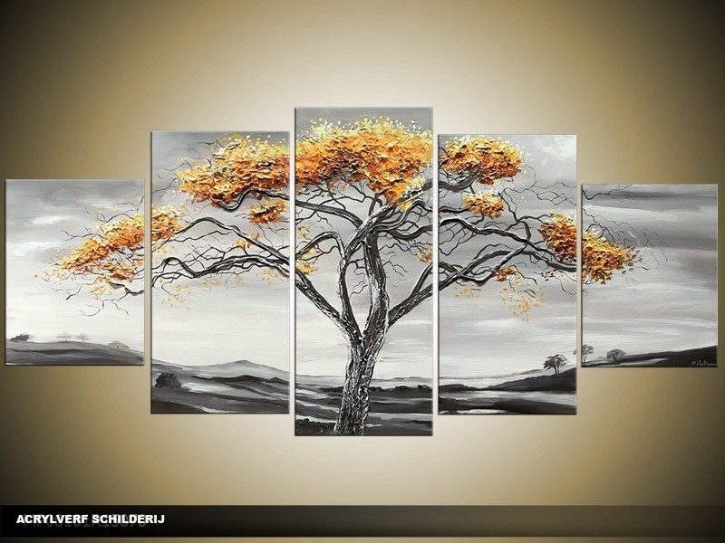 Acryl Schilderij Natuur | Grijs, Bruin | 150x70cm 5Luik Handgeschilderd