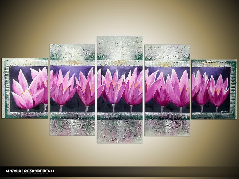 Acryl Schilderij Tulp | Paars, Grijs | 150x70cm 5Luik Handgeschilderd