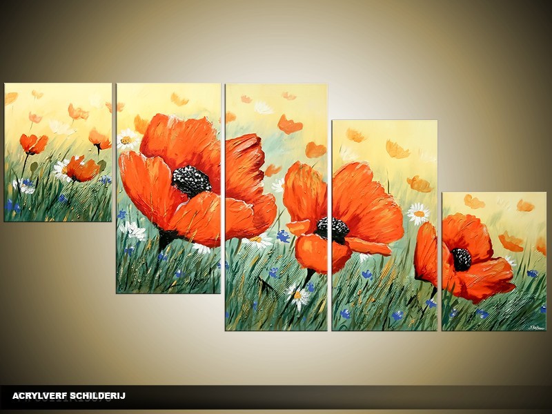 Acryl Schilderij Klaproos | Oranje, Groen | 150x70cm 5Luik Handgeschilderd