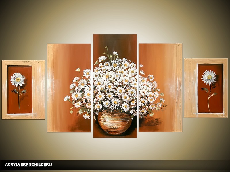 Acryl Schilderij Woonkamer | Bruin, Crème | 150x70cm 5Luik Handgeschilderd