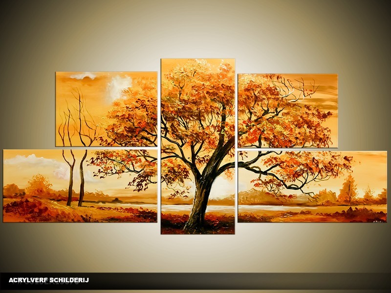 Acryl Schilderij Natuur | Bruin, Oranje | 150x70cm 5Luik Handgeschilderd