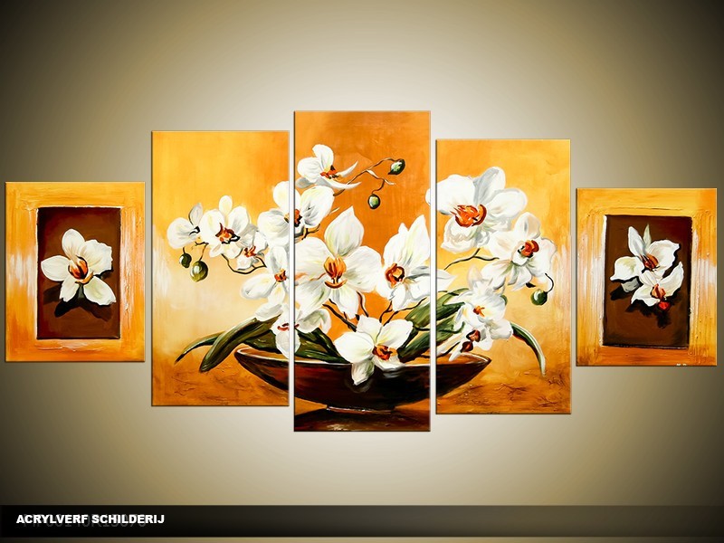 Acryl Schilderij Woonkamer | Oranje, Geel, Wit | 150x70cm 5Luik Handgeschilderd