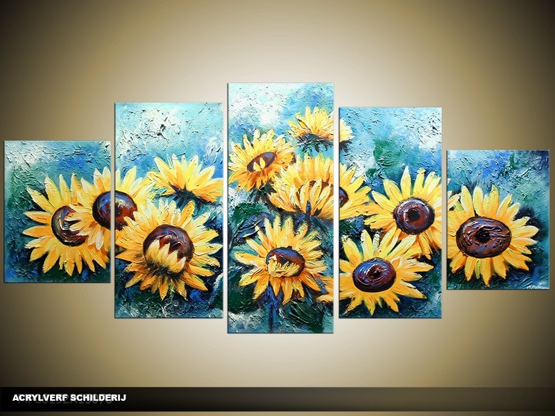 Acryl Schilderij Zonebloem | Geel, Blauw | 150x70cm 5Luik Handgeschilderd