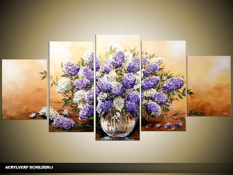 Acryl Schilderij Woonkamer | Paars, Bruin, Crème | 150x70cm 5Luik Handgeschilderd